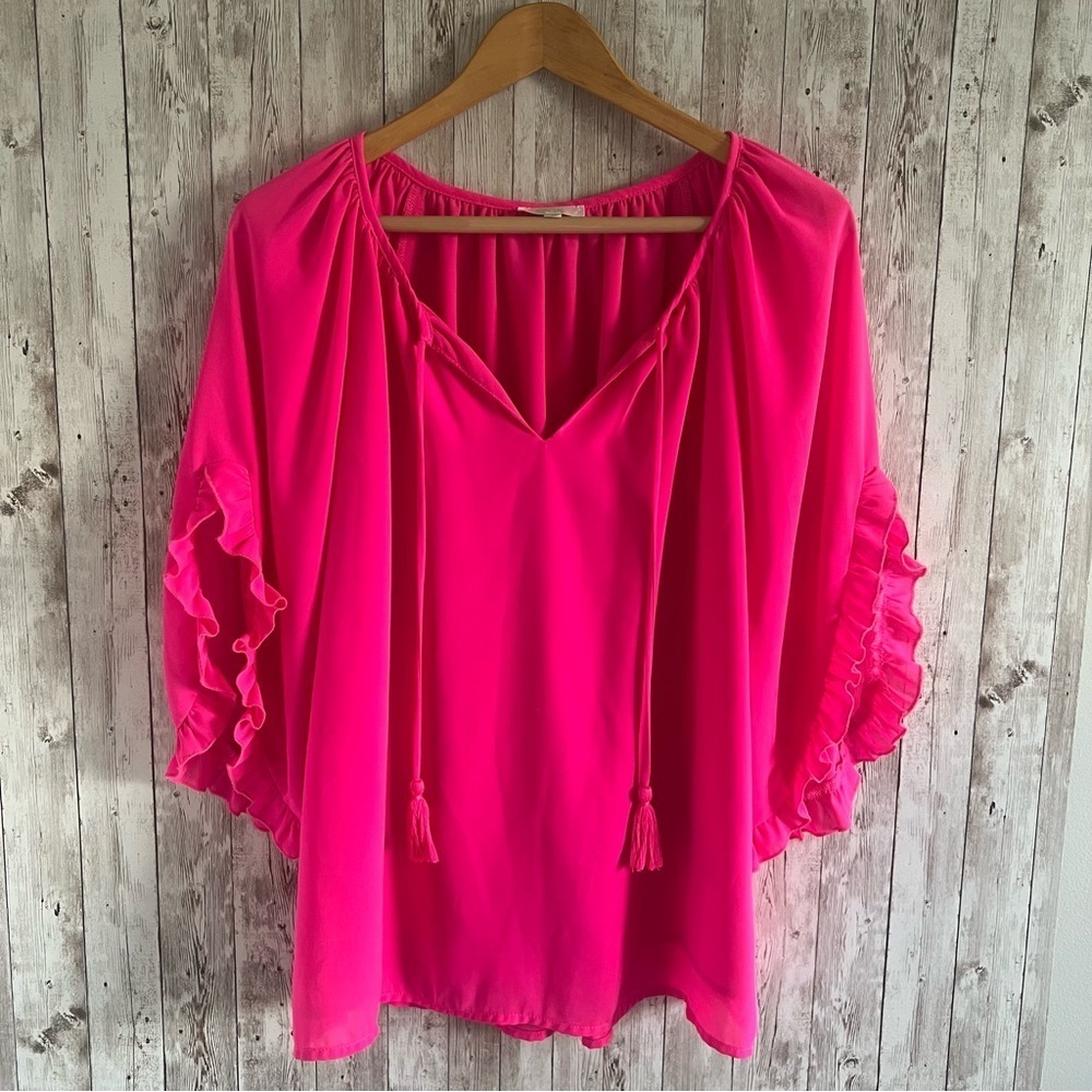 Jade Pink Ruffled Tie Front Blouse Large